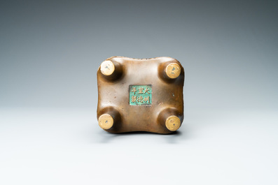 A Chinese partly gilded bronze censer with jade-topped wooden cover, Xuande mark, Kangxi