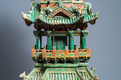 An exceptional large inscribed Chinese sancai-glazed pagoda, dated 1550, Ming