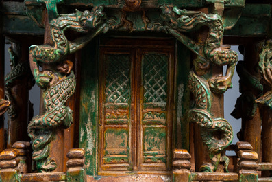 An exceptional large inscribed Chinese sancai-glazed pagoda, dated 1550, Ming