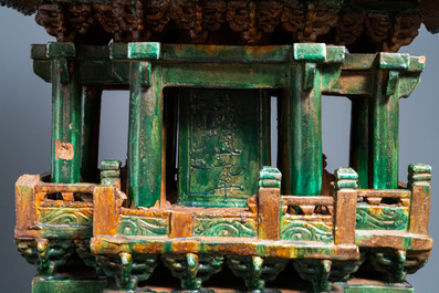 An exceptional large inscribed Chinese sancai-glazed pagoda, dated 1550, Ming