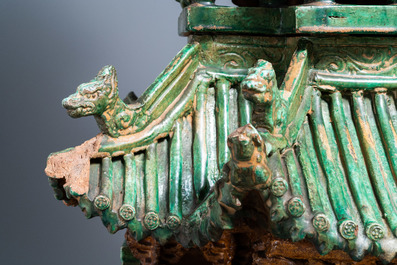 An exceptional large inscribed Chinese sancai-glazed pagoda, dated 1550, Ming