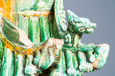 An exceptional large inscribed Chinese sancai-glazed pagoda, dated 1550, Ming