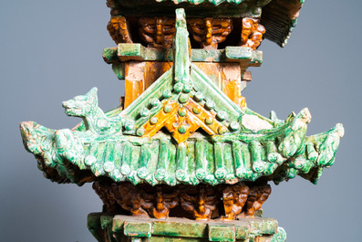 An exceptional large inscribed Chinese sancai-glazed pagoda, dated 1550, Ming