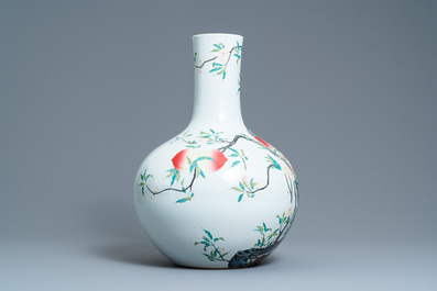 A Chinese famille rose 'tianqiu ping' 'nine peaches' vase, Qianlong mark, 20th C.