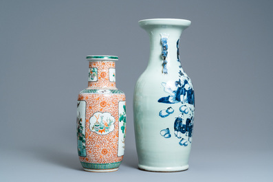 A Chinese blue and white celadon-ground vase and a famille verte rouleau vase, 19th C.