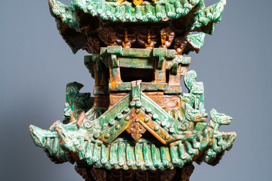 An exceptional large inscribed Chinese sancai-glazed pagoda, dated 1550, Ming