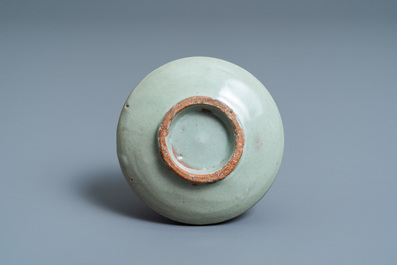 A Korean slip-inlaid celadon water dropper or oil bottle, probably Goryeo, 14/15th C.