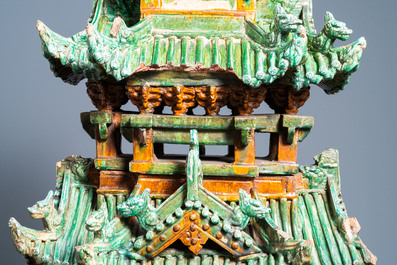 An exceptional large inscribed Chinese sancai-glazed pagoda, dated 1550, Ming