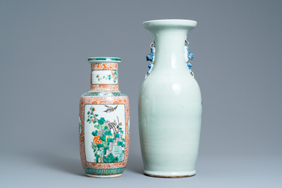 A Chinese blue and white celadon-ground vase and a famille verte rouleau vase, 19th C.