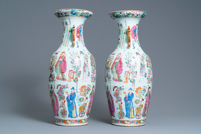 A pair of Chinese Canton famille rose 'Wu Shuang Pu' vases, 19th C.