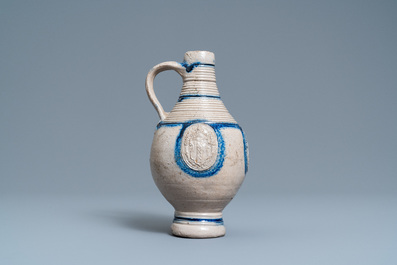 A German stoneware ewer with the Amsterdam coat of arms, Westerwald, dated 1644