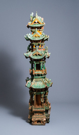 An exceptional large inscribed Chinese sancai-glazed pagoda, dated 1550, Ming