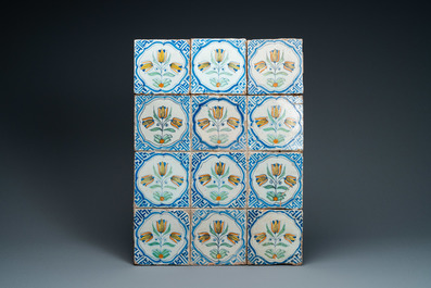 Two fields of twelve polychrome Dutch Delft tiles, 17th and 19th C.