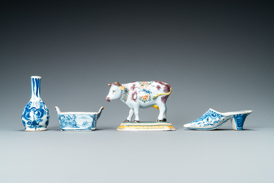 Une collection de six pi&egrave;ces en fa&iuml;ence de Delft en bleu et blanc et polychrome, 18/19&egrave;me