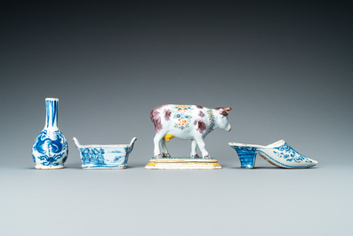 Une collection de six pi&egrave;ces en fa&iuml;ence de Delft en bleu et blanc et polychrome, 18/19&egrave;me
