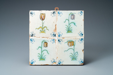 Twelve polychrome Dutch Delft flower tiles, 17th C.