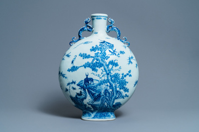A large Chinese blue and white moonflask 'deer' vase, Qianlong mark and of the period