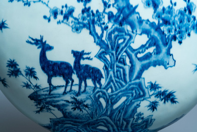 A large Chinese blue and white moonflask 'deer' vase, Qianlong mark and of the period