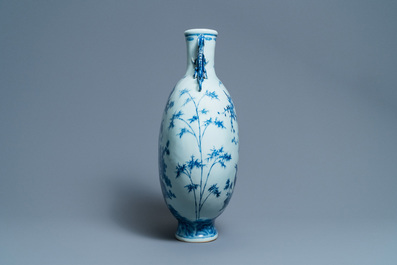 A large Chinese blue and white moonflask 'deer' vase, Qianlong mark and of the period