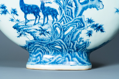 A large Chinese blue and white moonflask 'deer' vase, Qianlong mark and of the period
