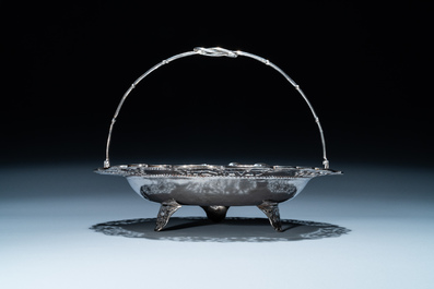 A Chinese silver 'dragon' tazza and a tripod dish with a handle, Sing Fat, Canton or Shanghai, 19/20th C.