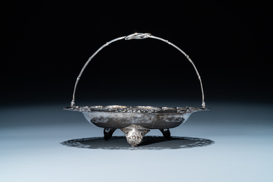 A Chinese silver 'dragon' tazza and a tripod dish with a handle, Sing Fat, Canton or Shanghai, 19/20th C.