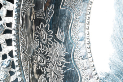 A Chinese silver 'dragon' tazza and a tripod dish with a handle, Sing Fat, Canton or Shanghai, 19/20th C.