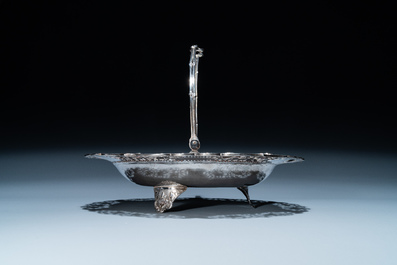 A Chinese silver 'dragon' tazza and a tripod dish with a handle, Sing Fat, Canton or Shanghai, 19/20th C.