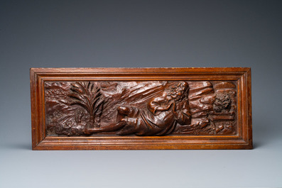 Three walnut deep-relief panels depicting Mary Magdalen, David the shepherd and Elijah in the desert, Italy, 17th C.