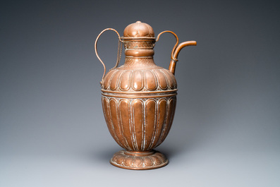 A large Italian copper ewer and cover, 17th C.