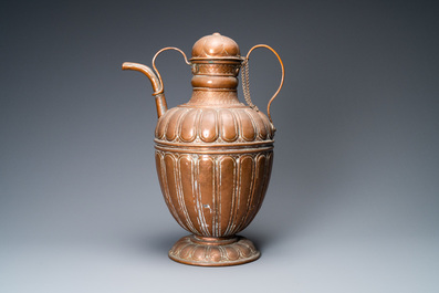 A large Italian copper ewer and cover, 17th C.