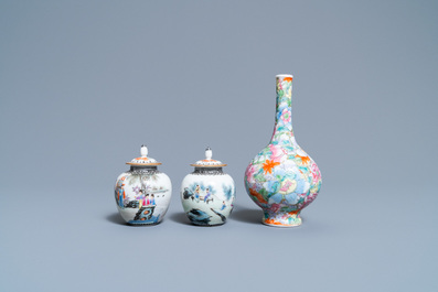 Une paire de vases couverts miniatures et un vase millefleurs en porcelaine de Chine famille rose, marques de Qianlong, R&eacute;publique
