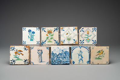 Forty-four blue and white and polychrome Dutch Delft tiles, 17/18th C.