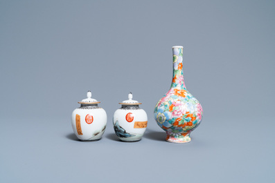 Une paire de vases couverts miniatures et un vase millefleurs en porcelaine de Chine famille rose, marques de Qianlong, R&eacute;publique