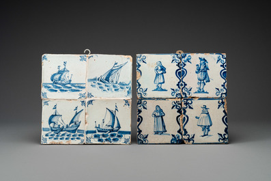 Quarante-quatre carreaux en fa&iuml;ence de Delft en bleu, blanc et polychrome, 17/18&egrave;me