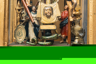 A polychromed wooden 'Golgotha' group with all the Instruments of the Passion in glass display, France or Italy, 18th C.