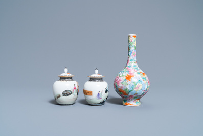 A pair of Chinese famille rose miniature vases and covers and a millefleur vase, Qianlong marks, Republic