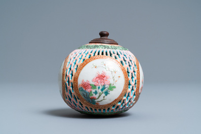 A Chinese reticulated famille rose pomander, Yongzheng