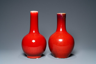 Two Chinese monochrome sang de boeuf bottle vases, 19/20th C.