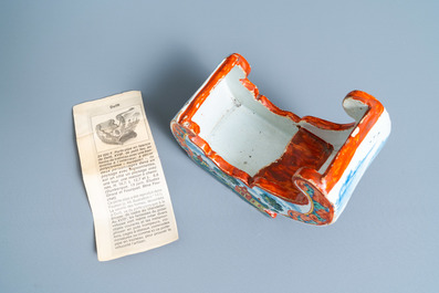 A polychrome Dutch Delft petit feu pipe stand modelled as a sleigh, 18th C.