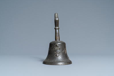 A bronze bell with applied fleur-de-lis and an IHS medallion, France, 16th C.