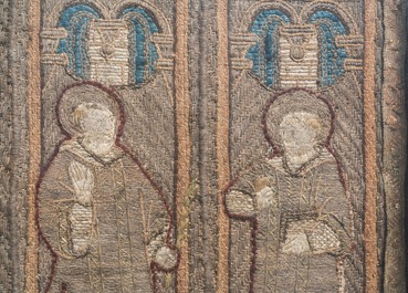 Two large linen, silk- and silverthread orphrey fragments depicting saints below arcatures, Spain, early 17th C.