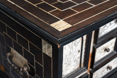 An ebony veneer cabinet with engraved ivory plaques, Italy, 17th C.