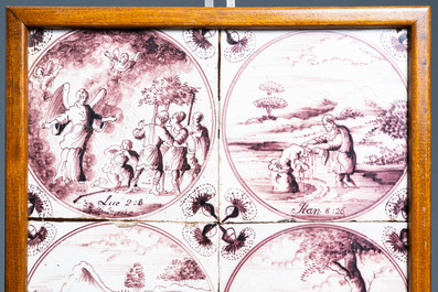 Eighteen fine Dutch Delft manganaese biblical subject tiles, 18th C.
