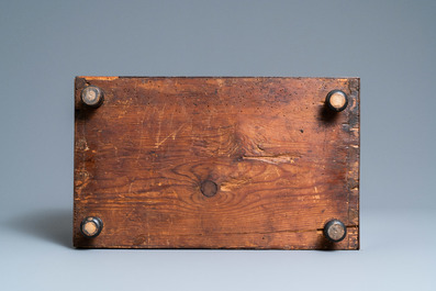 A small mahogany veneer cabinet with engraved bone plaques, Italy, 17th C.