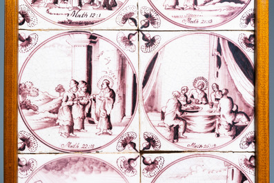 Eighteen fine Dutch Delft manganaese biblical subject tiles, 18th C.