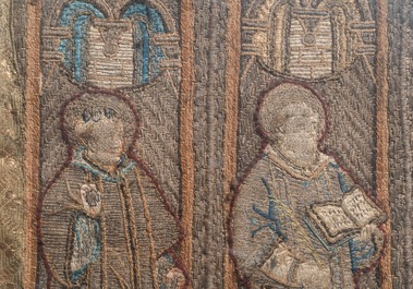 Two large linen, silk- and silverthread orphrey fragments depicting saints below arcatures, Spain, early 17th C.