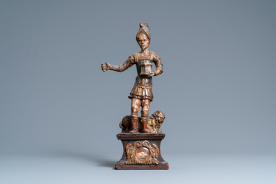 Une statue de Saint Adrien en bois sculpt&eacute; et polychrom&eacute; sur socle reliquaire, 17&egrave;me