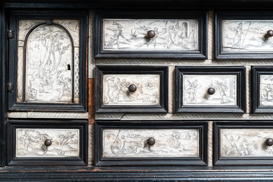 An ebony veneer cabinet with engraved ivory plaques, Italy, 17th C.