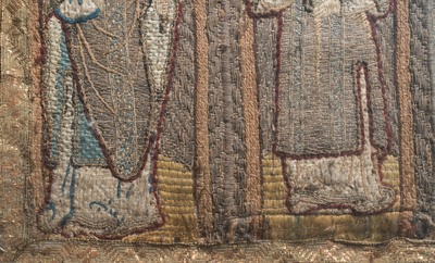 Two large linen, silk- and silverthread orphrey fragments depicting saints below arcatures, Spain, early 17th C.